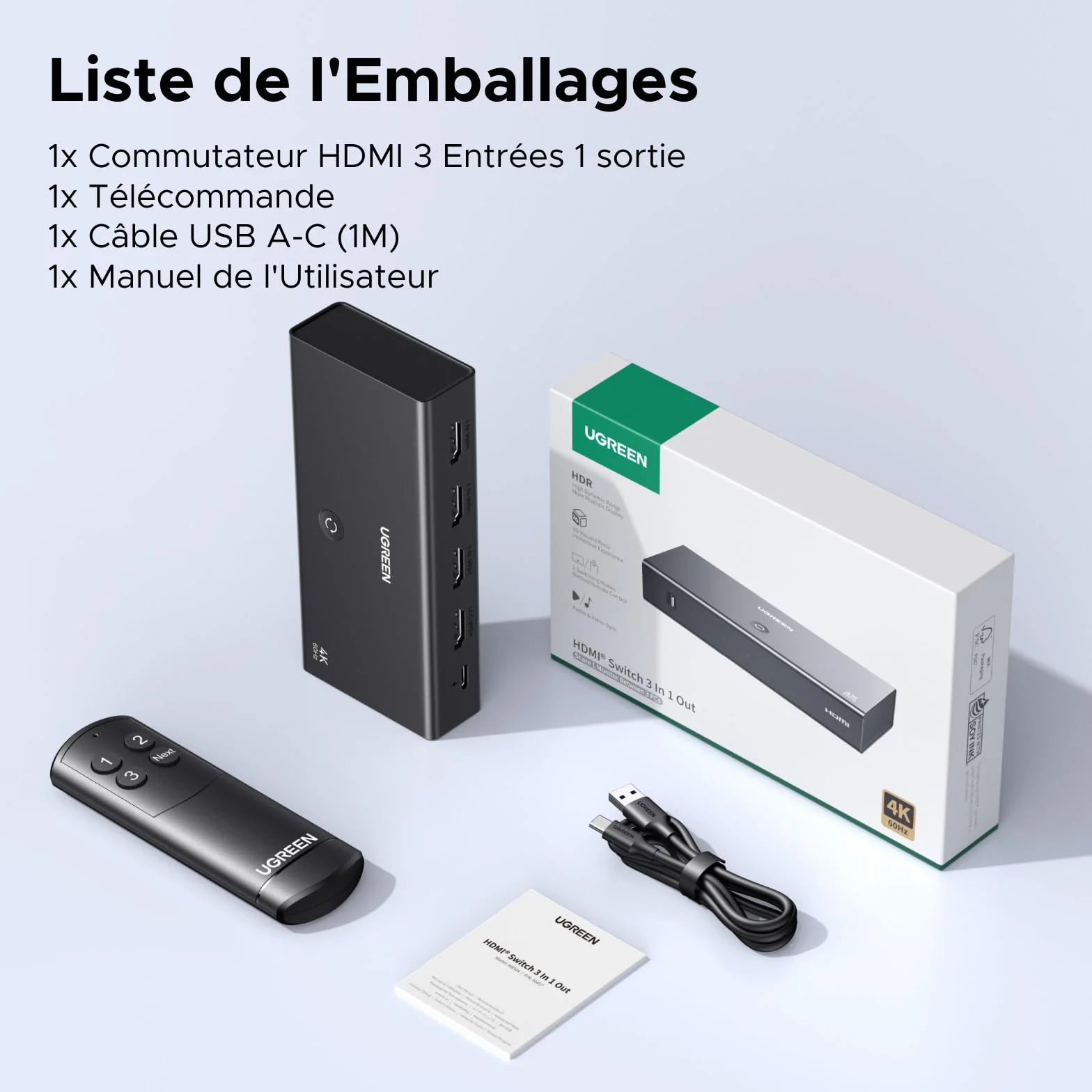 UGREEN Commutateur HDMI 2.0 4K 60Hz 3 Entrées 1 Sortie HDR10 Dolby Vision Télécommande
