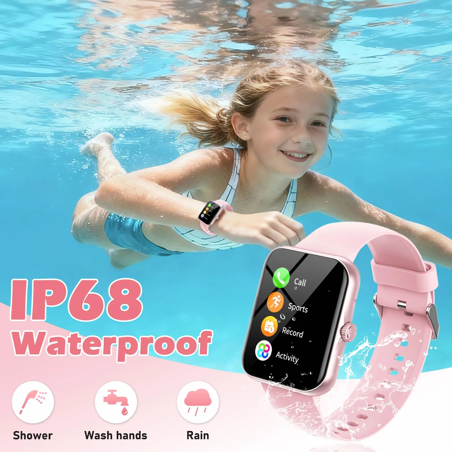 Fitness Tracker Montre Connectée Enfant, 1,83" HD Montre Intelligente pour Garçon Fille IP68 Étanche avec 120+ Mode de Sport Cardiofrequencemètre Podomètre Réveil Jeux pour Ados 4-16 Ans Cadeau, Rose