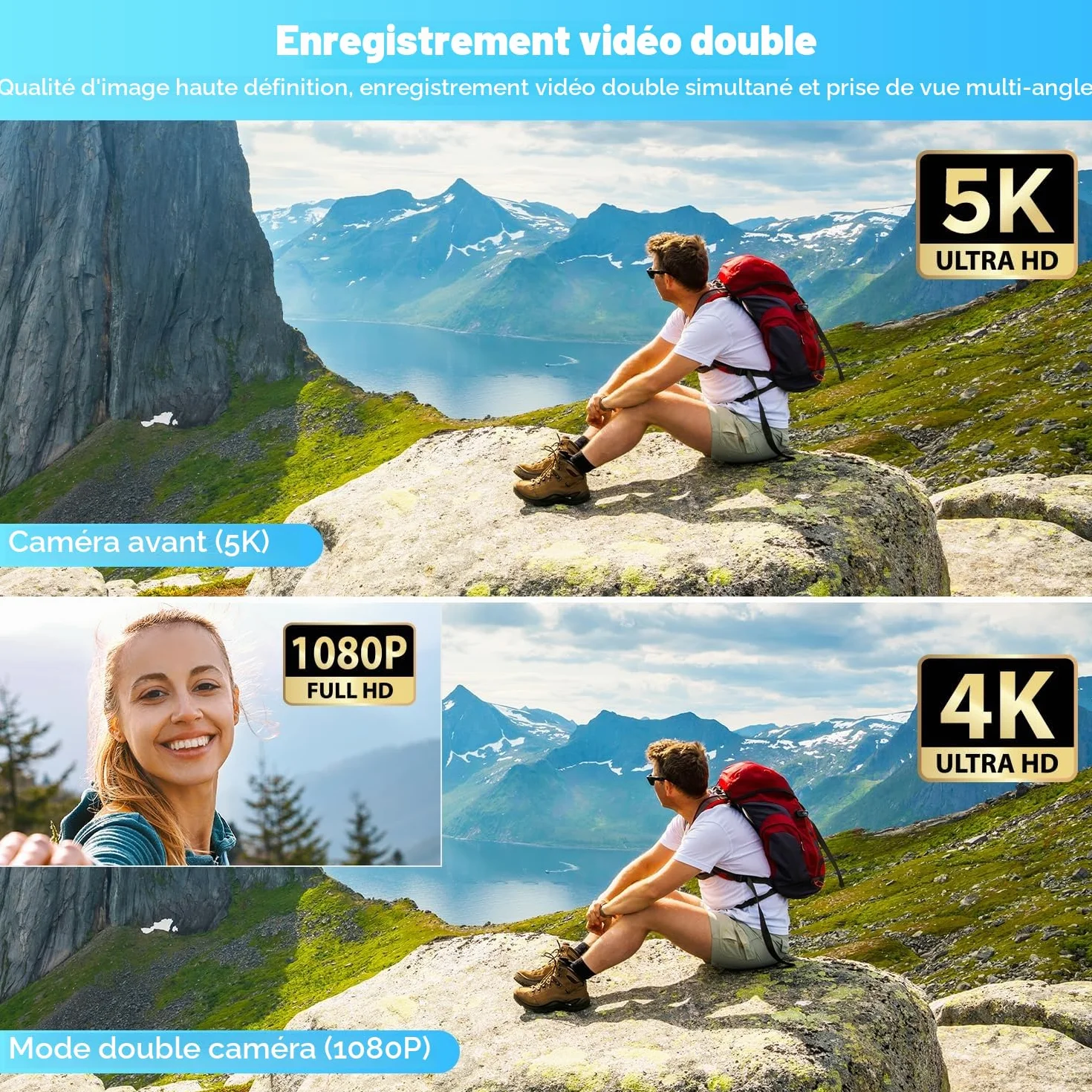 Caméra vidéo 5K 56MP Caméscope Double Objectif, WiFi 16X Youtube Vlog Caméra, 3" Rotatif à 270° Vision Nocturne Video Camera avec 2 Piles,Carte 64 Go,Microphone,trépied