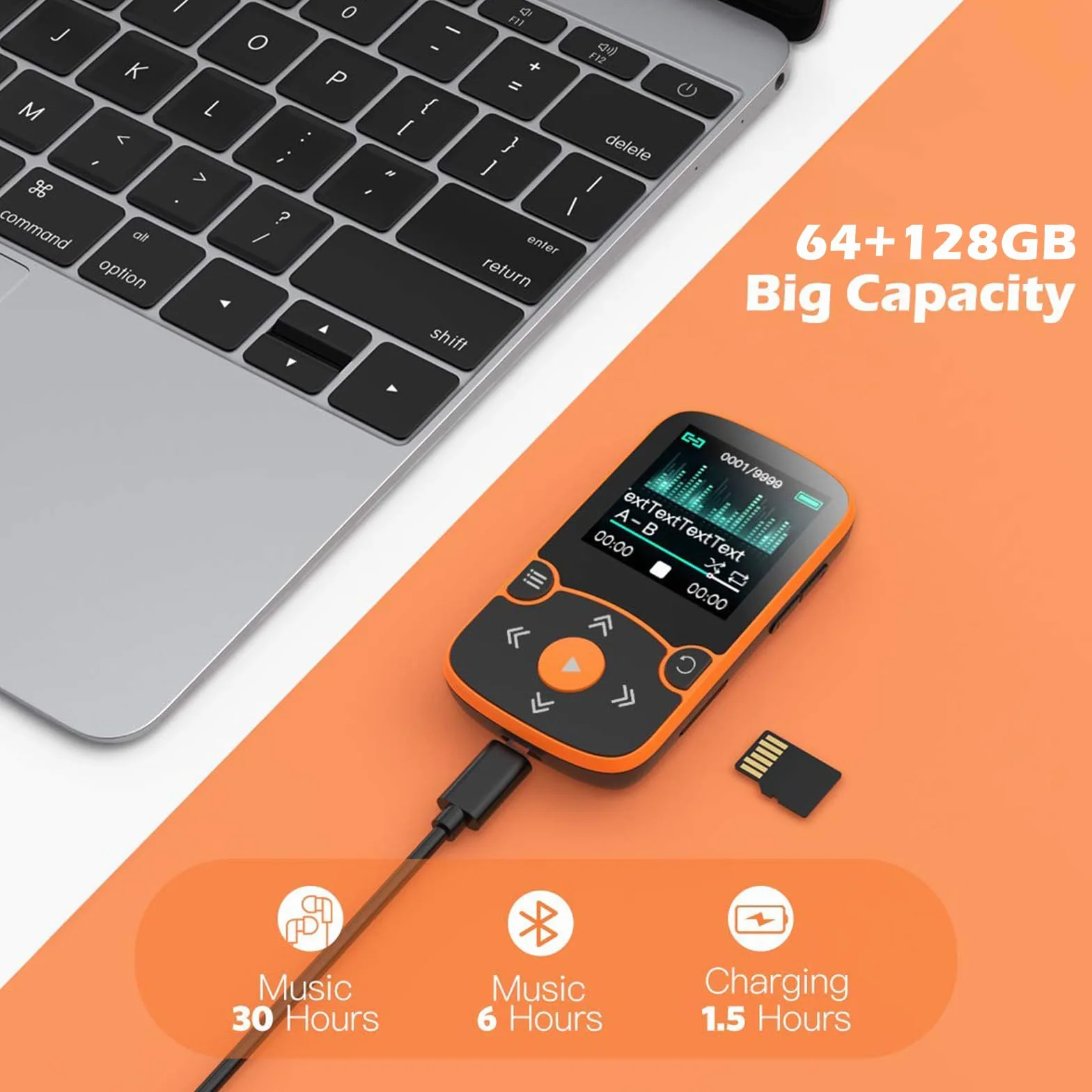AGPTEK MP3 Bluetooth 5.3 64Go Lecteur Baladeur Sport Portable HiFi avec Clip Radio FM Orange
