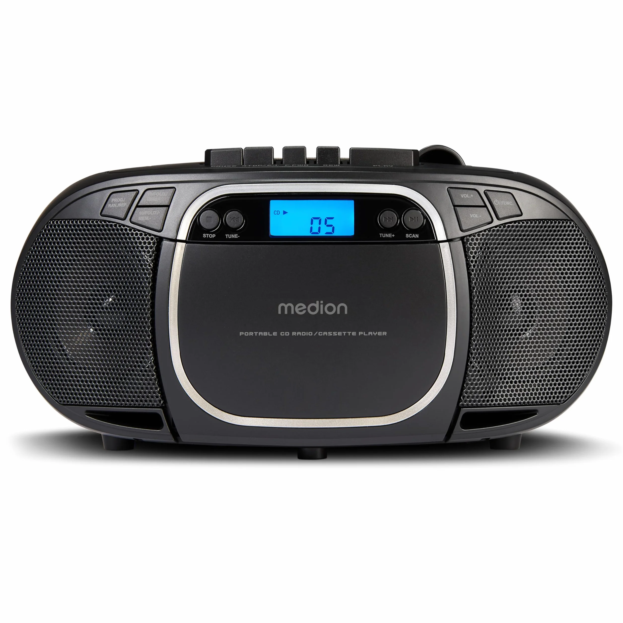 MEDION E66476 Stereo Sound System Boombox CD MP3 Cassette Radio FM AUX Noir
