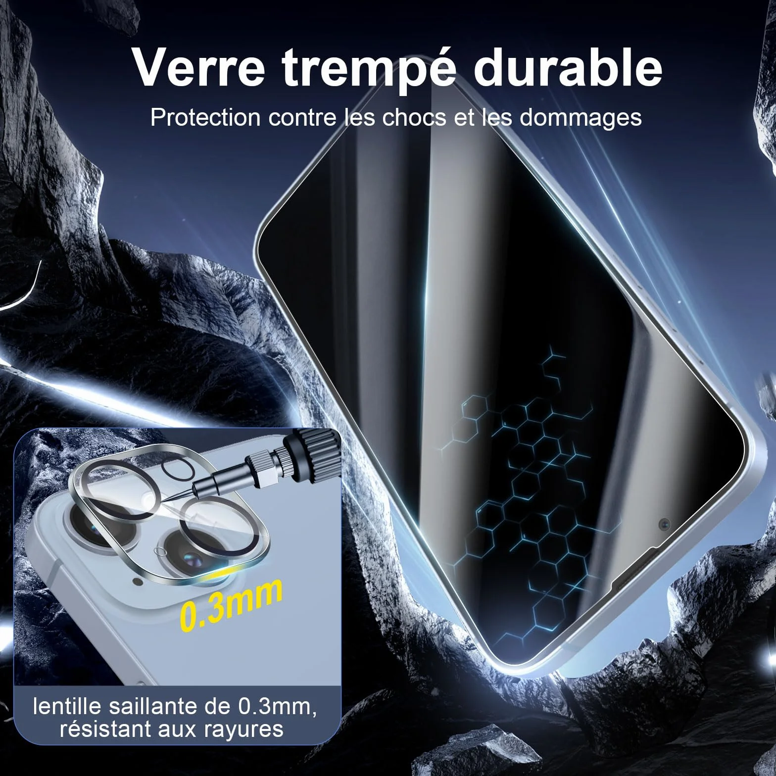 NEW'C Kit de 4, 2 x Verre Trempé Anti-Espion pour iPhone 14 (6,1 Pouces) et 2 x Protection Caméra Arrière - Ultra Résistant - Dureté 9H Glass- Angle de Confidentialité 28 Degrés Amélioré
