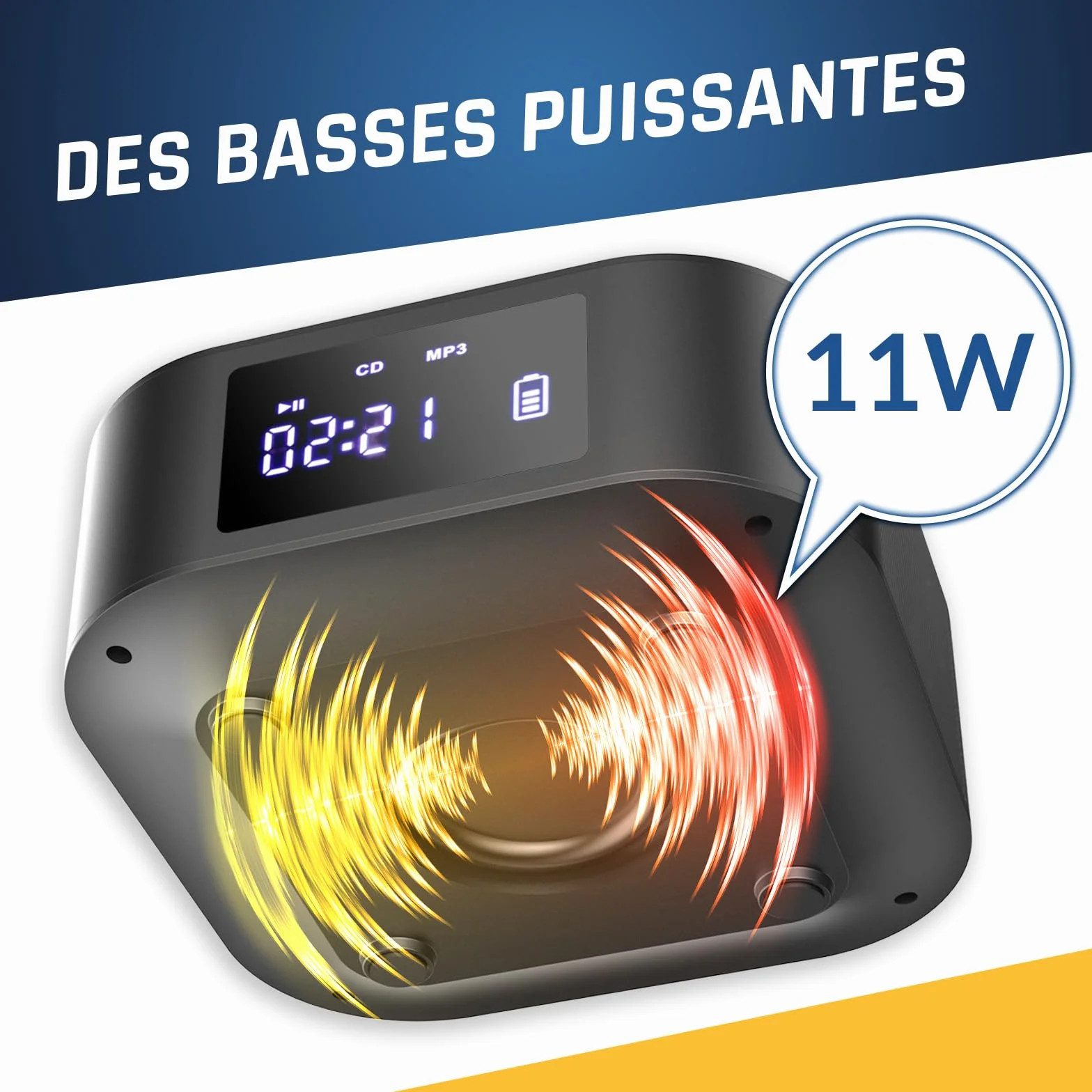 KLIM Boombox E1 - Poste Radio CD Portable - Extra Bass avec Subwoofer - Radio FM, CD, Bluetooth, USB, Bluetooth, MP3 - Mode Filaire et sans Fil avec Piles Rechargeables - Télécommande - Noir/Or