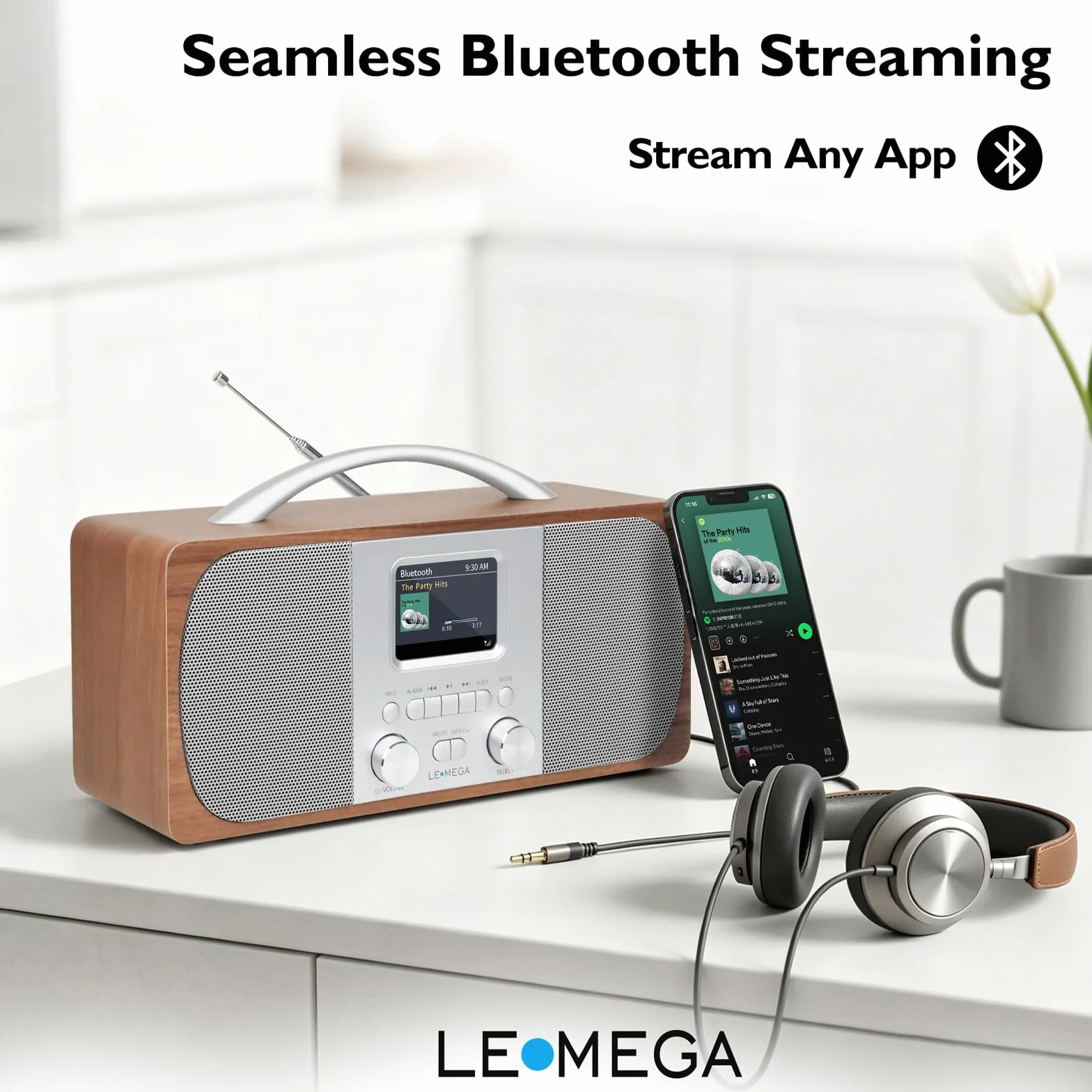 LEMEGA DR6 Poste Radio Stereo DAB/DAB+ Numérique avec Bluetooth, FM, Radio Réveil - Noyer