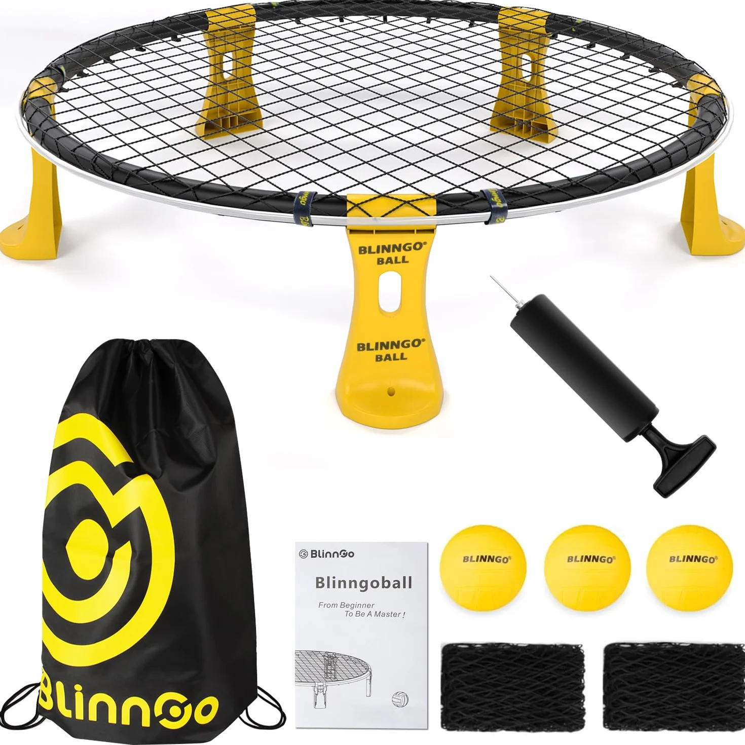 Ensemble de jeux d'extérieur Roundnet avec lumières, 3 balles, filet de jeu, filet de compétition, sac, pompe