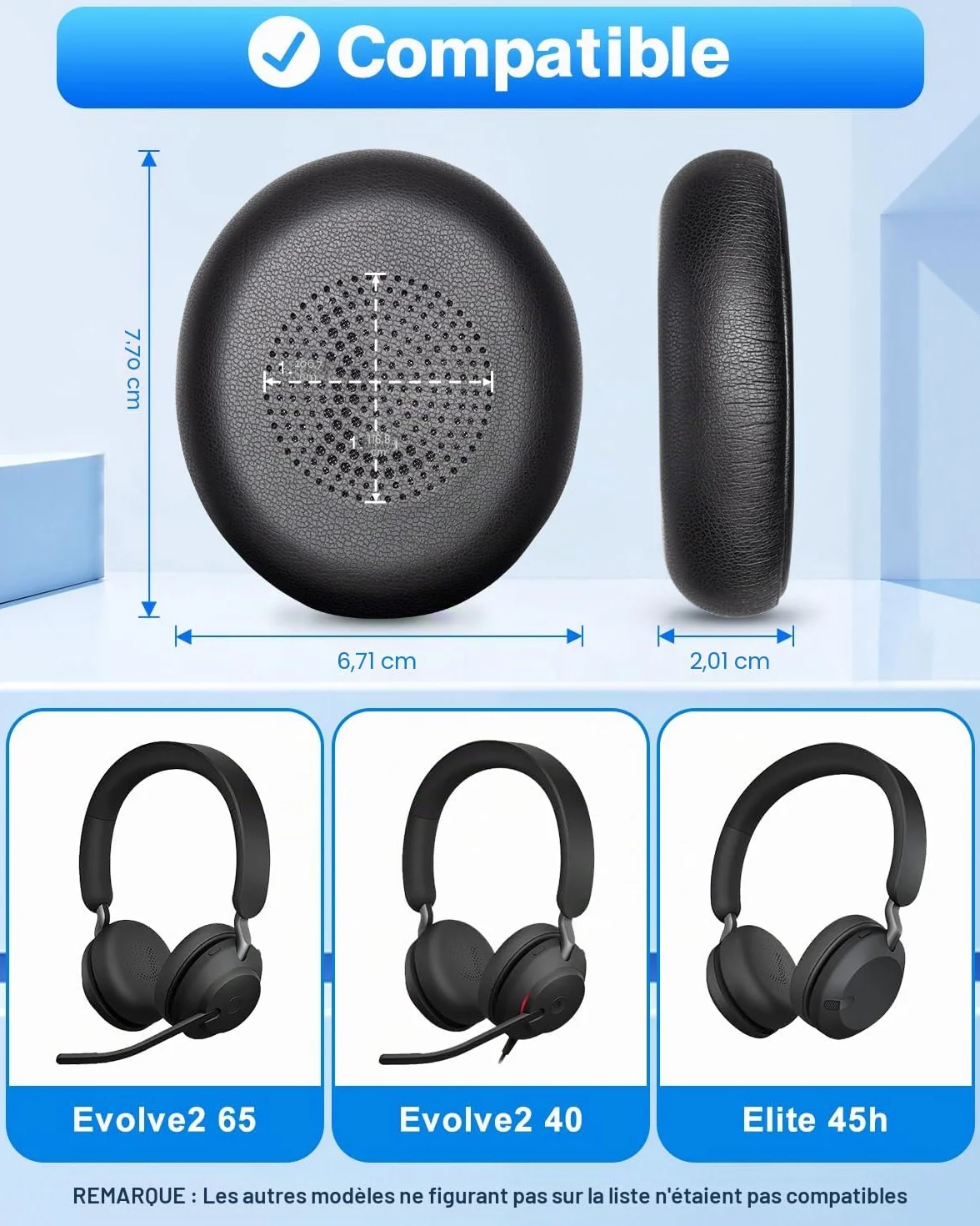 Coussinets pour Jabra Evolve2 65, Evolve2 40, Elite 45h Casque Supra Auriculaire sans Fil, Mousse Casque Coussin en Cuir protéiné, Noir