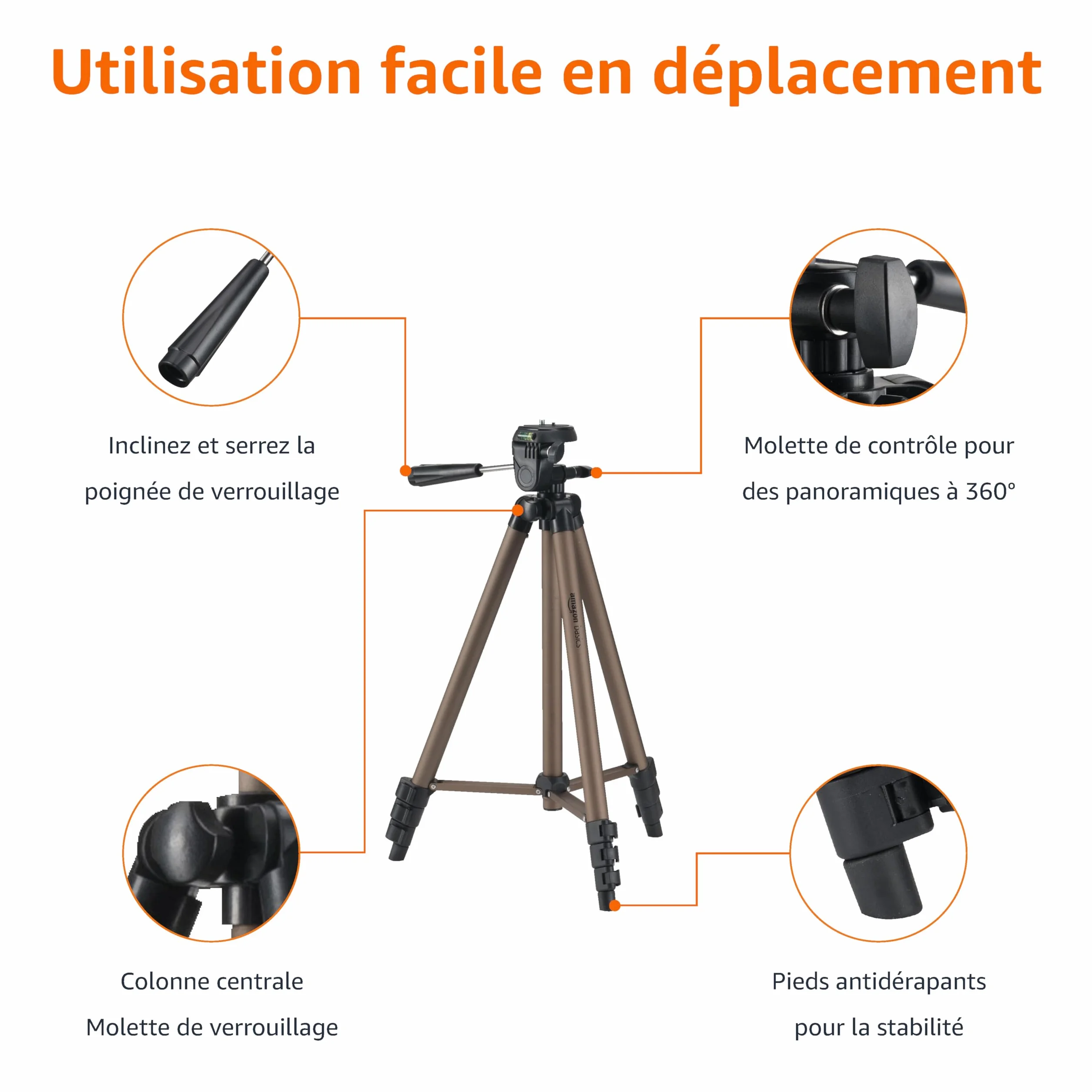 Amazon Basics Trépied 127,0cm pour Appareil Photo Reflex Numérique, Léger, avec Sac, Hauteur Réglable, Champagne