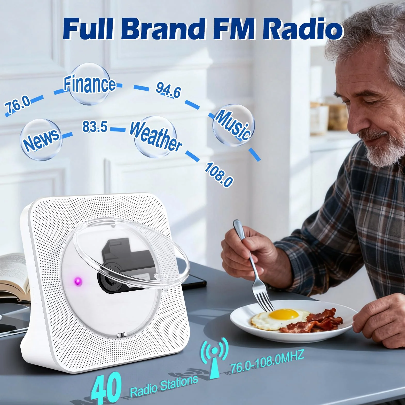 Lecteur CD Bluetooth Portable avec Radio FM, Haut-Parleurs Double, USB/AUX, Télécommande