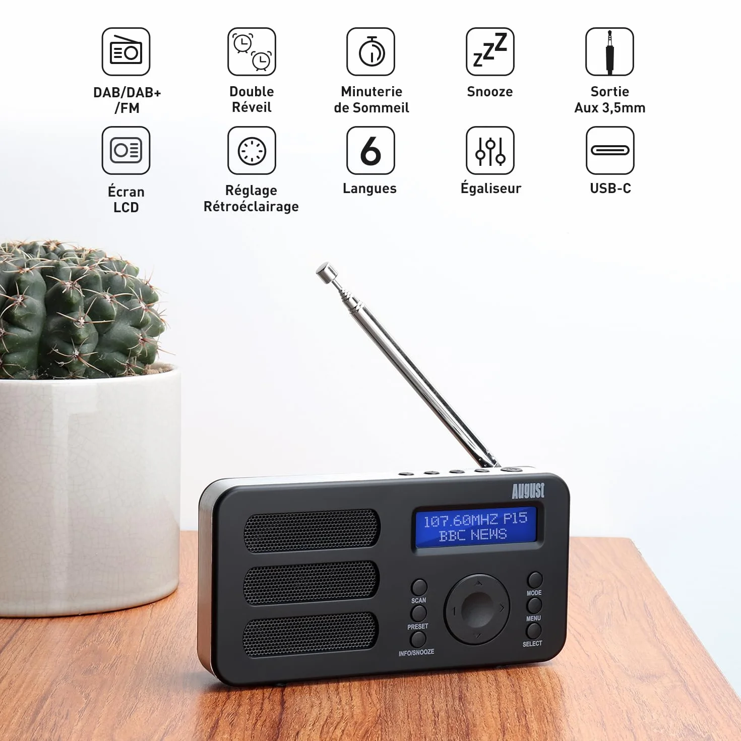 August MB225 - Radio Portable Rechargeable FM Dab RNT - Petite Radio Numérique Stéréo Portative Digitale avec Batterie Alarme Poste 40 Présélections et Prise écouteurs (Noir)