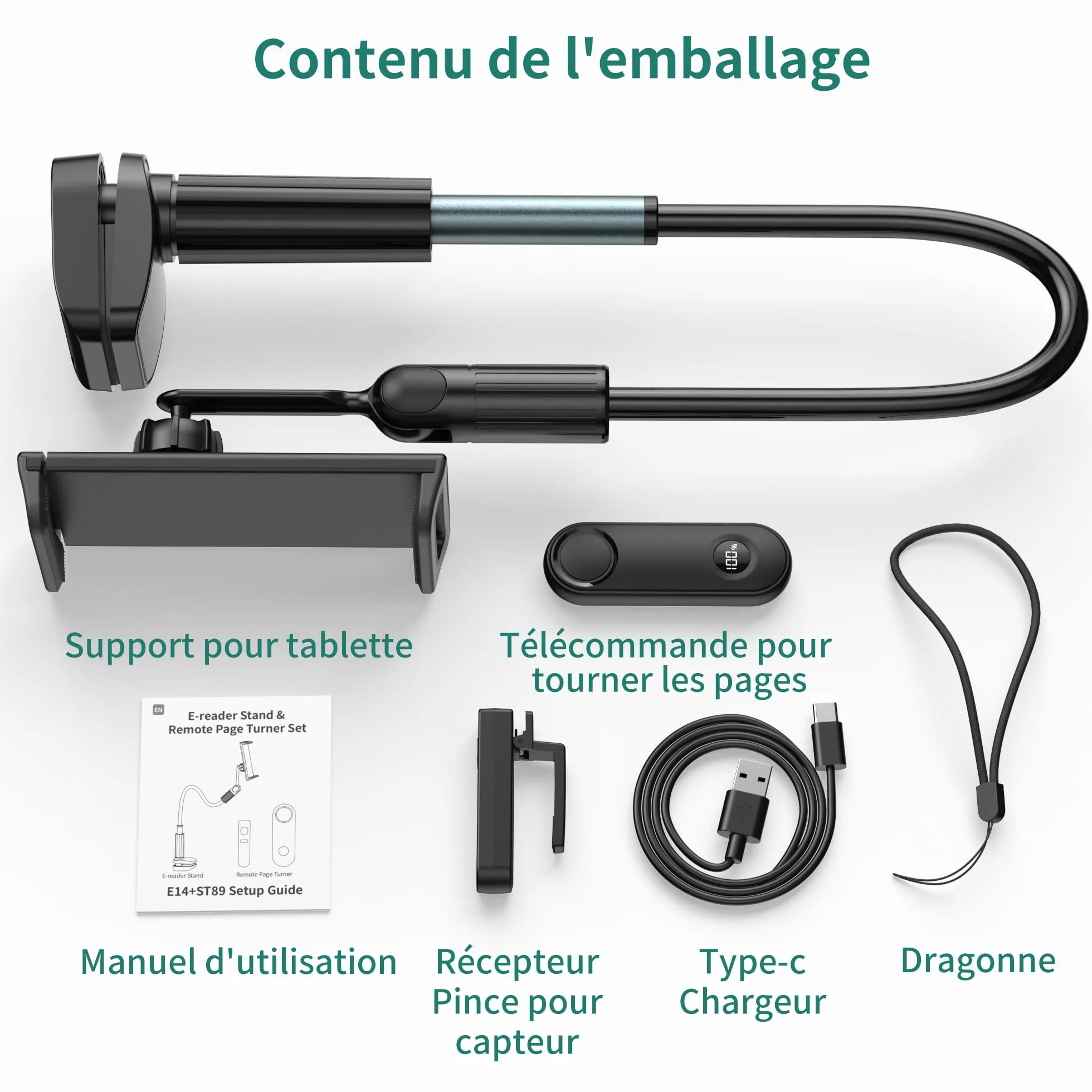 PlusAcc Télécommande Tourner pour Kindle – Support à col de Cygne pour Lire des Livres électroniques, Accessoire pour Tourner Les Pages au lit, adapté au Kindle Paperwhite/Oasis/Kobo