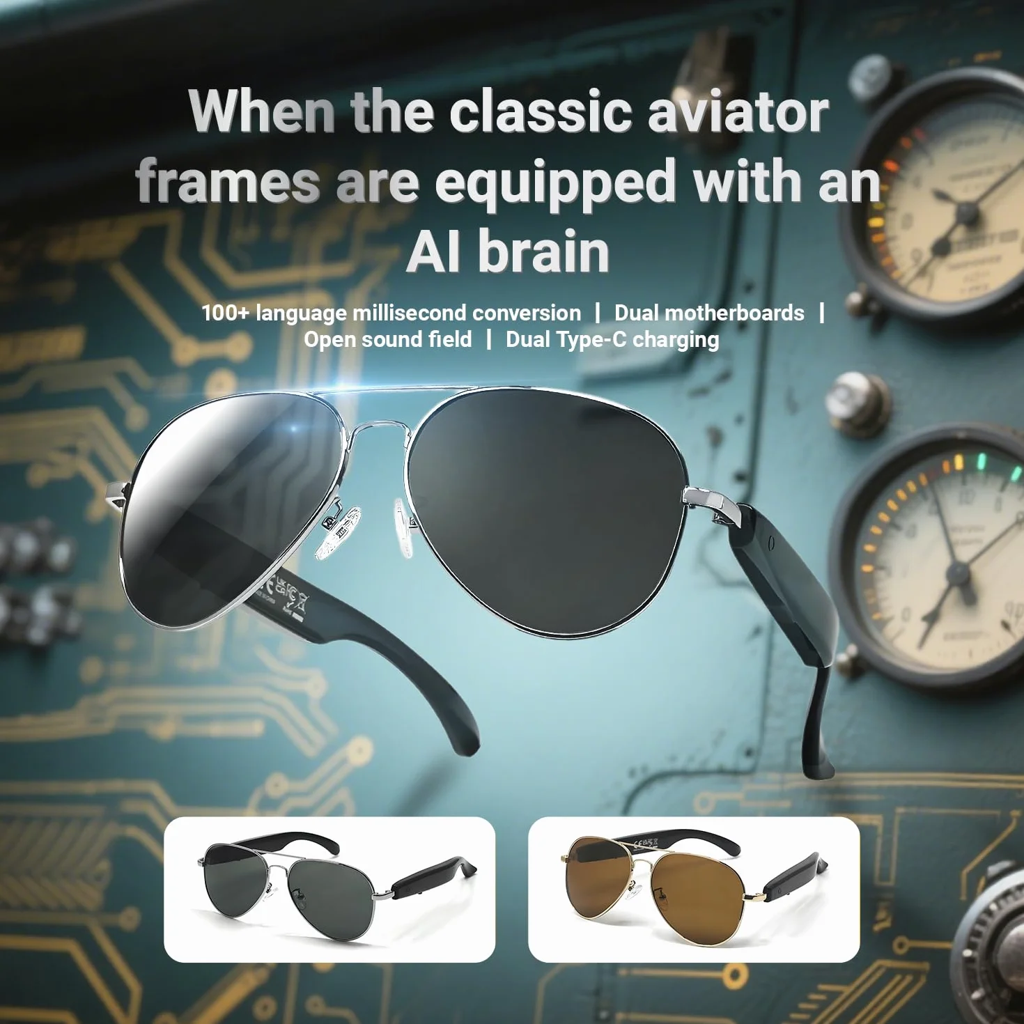 LONGLU Lunettes intelligentes, lunettes intelligentes AI avec application Hyper MZT – Traduction en temps réel de plus de 100 langues, photographie tactile, protection UV400 et Bluetooth 5.4 (marron)