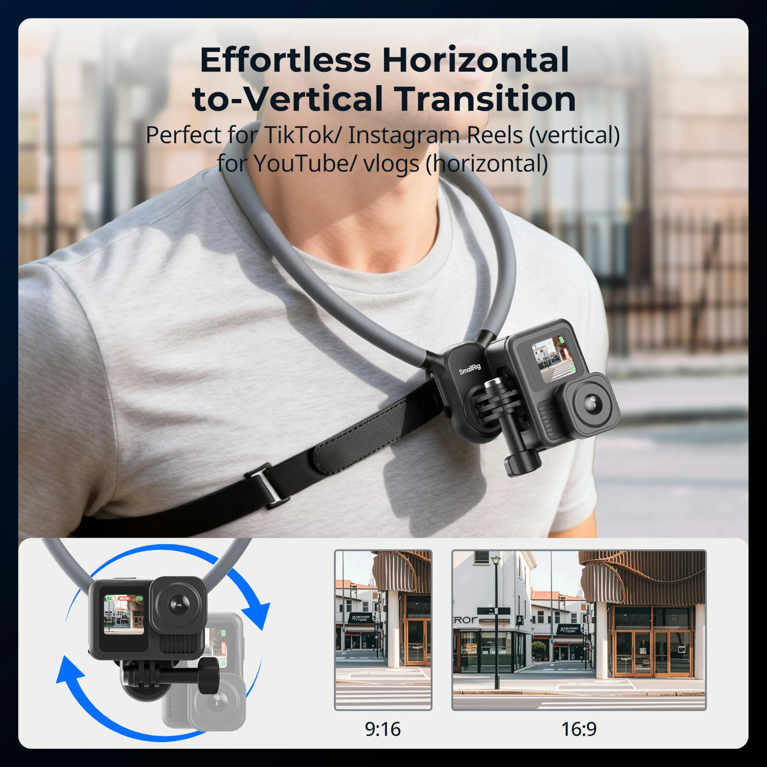 SMALLRIG Support de Cou avec Sangle de Poitrine pour caméras d'action, avec Interface à 2 Broches pour GoPro Hero 13/12/11/10/9, pour DJI Osmo Action 5 Pro/4/3, pour Insta360 Ace Pro 2-5596