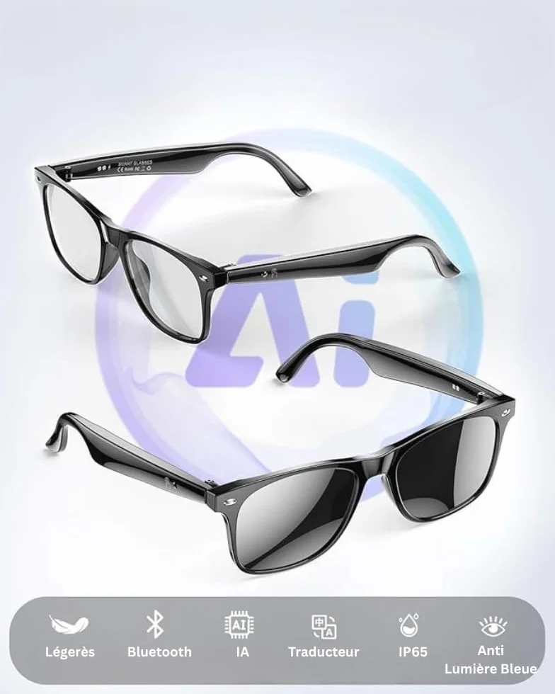 Lunettes Connectées IA, Bluetooth, Unisexe, Appels, Musique, Traduction Vocale 134 Langues, IP65 Étanche, 25g, Verres Noir