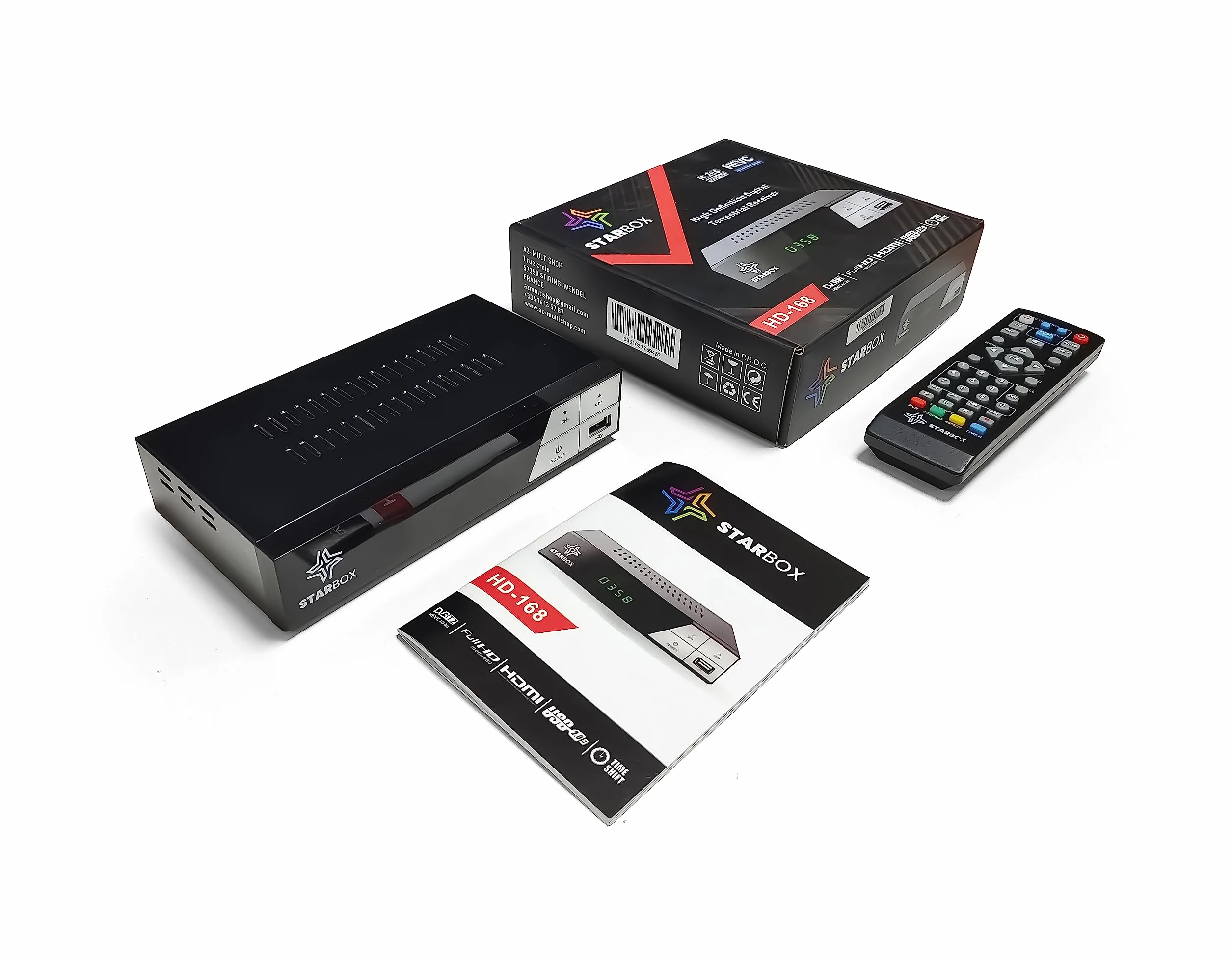 Décodeur TNT HD-168+ DVB-T2/DVB-C Full HD 1080p H.265 USB HDMI Péritel Télécommande Universelle 2-en-1