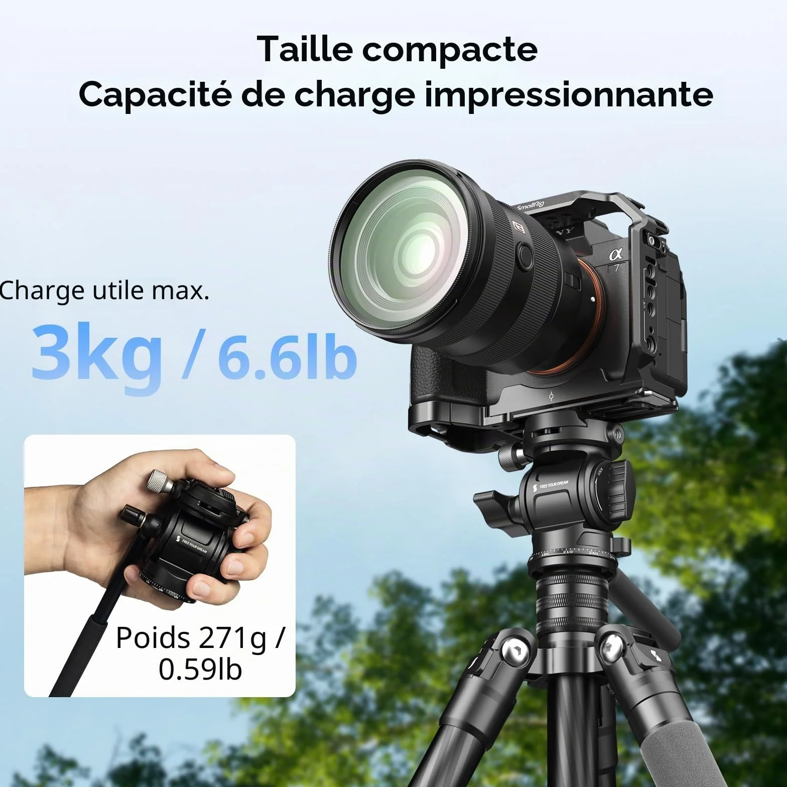 SMALLRIG Tête Vidéo CH3, Tête Fluide pour Trépied, avec Plaque à Dégagement Rapide pour Arca Swiss, Support Pivotant à 360° et Inclinaison à 90°/-70°, Charge Maximale 3 kg/6,6 LB pour Caméra - 4936