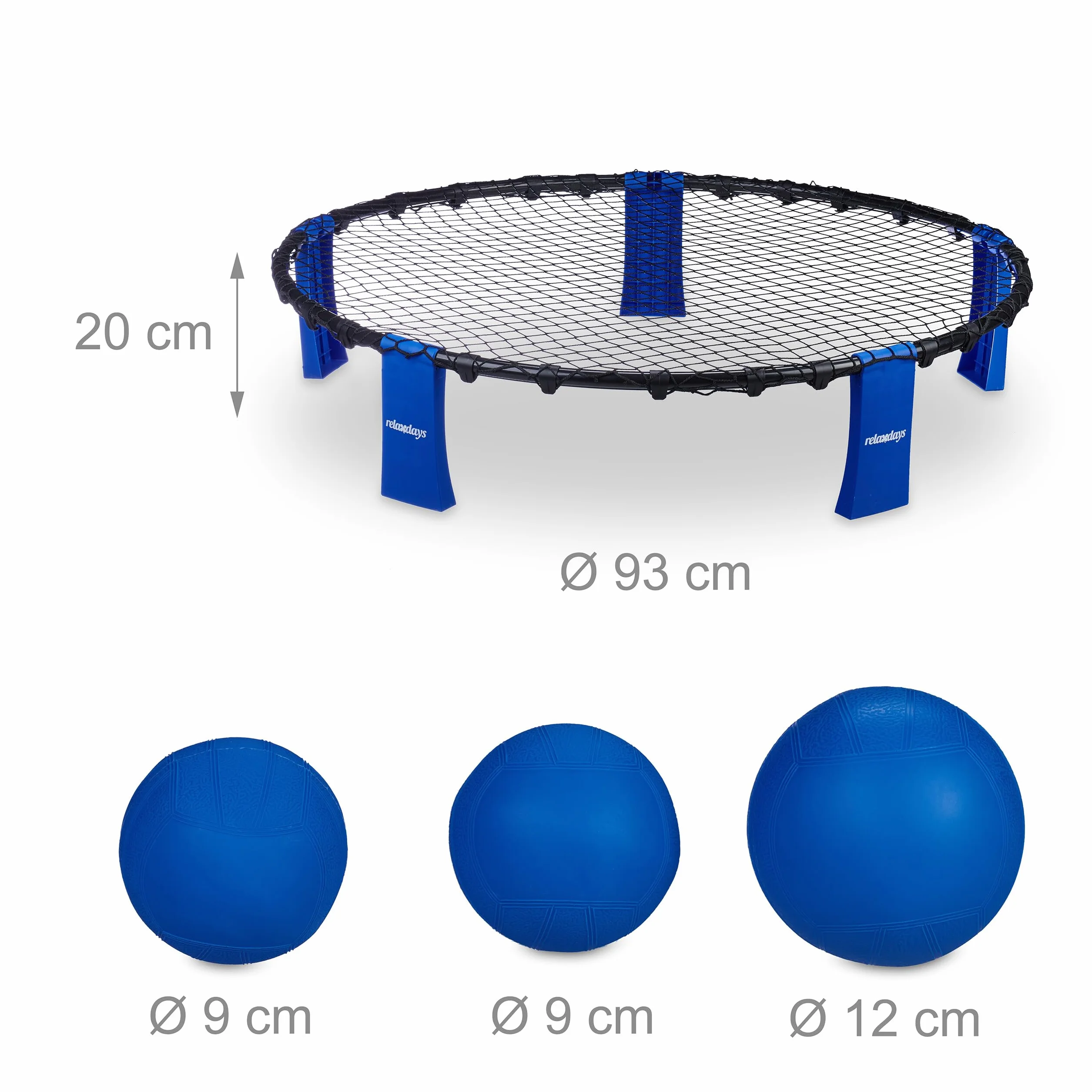 Relaxdays Kit de roundnet Complet, 3 Balles, Pompe, Filet, Sac de Rangement, Jeu d'extérieur, Noir/Bleu