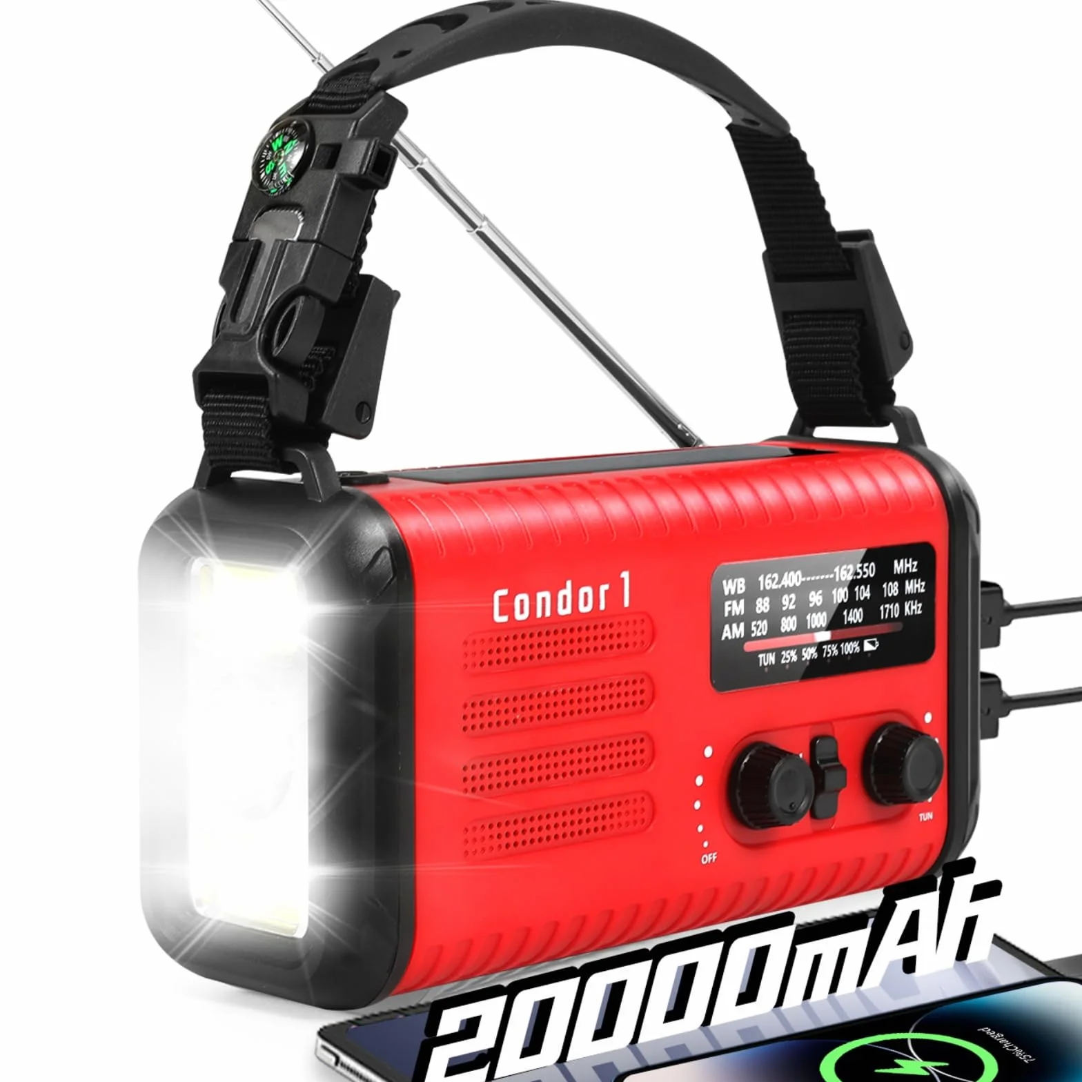 Radio à manivelle d'urgence 20 000 mAh 74 000 mWh NOAA AM FM solaire avec chargeur téléphone lampe de poche