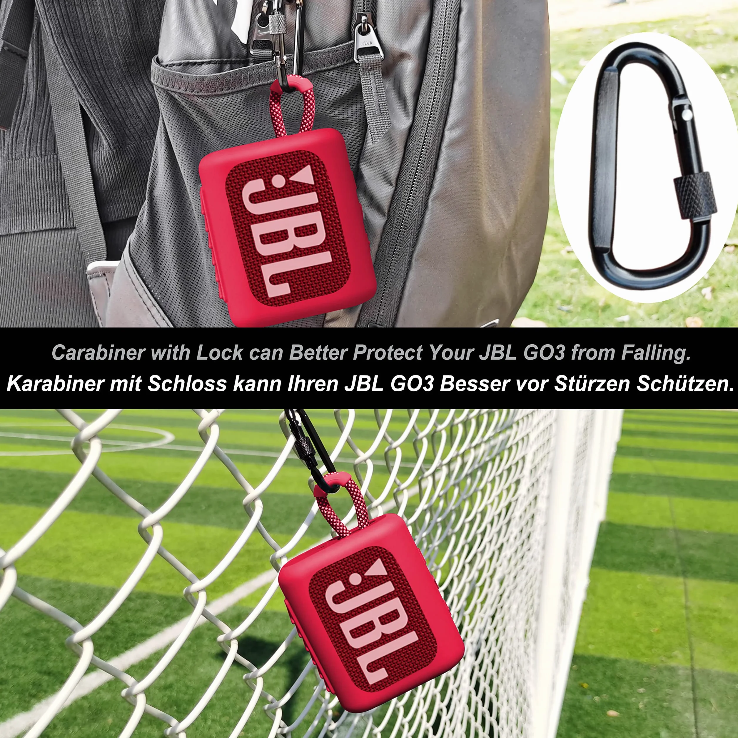 Étui en silicone pour JBL GO 3 avec tour de cou et mousqueton, Rouge