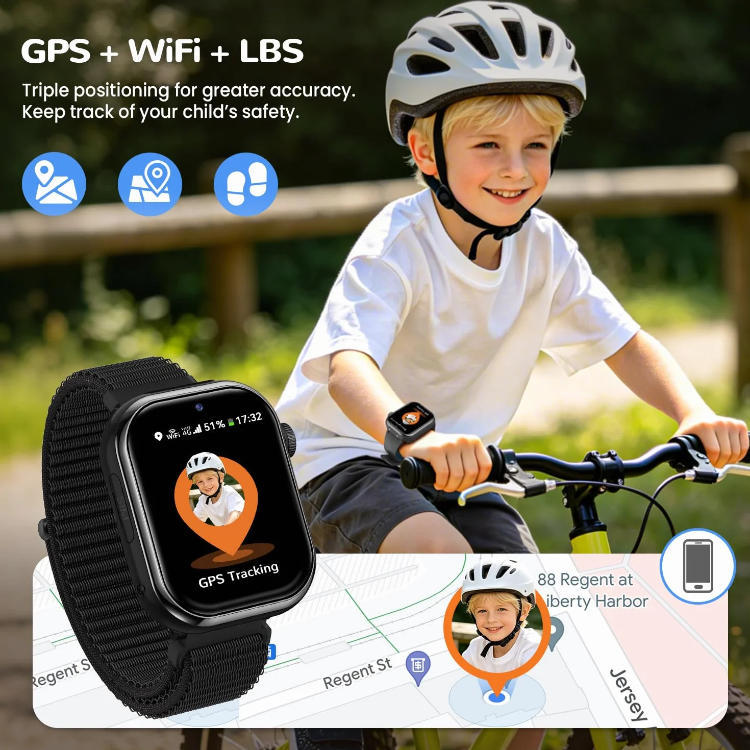4G Montre Connectée Enfant, Montre Telephone Enfant avec GPS, Appel Vidéo, Chat Vocal, Double Caméra, SOS, Mode École, Podomètre, Réveil, Appareil Photo, IP68, Smartwatch pour Garçons Filles, Noir