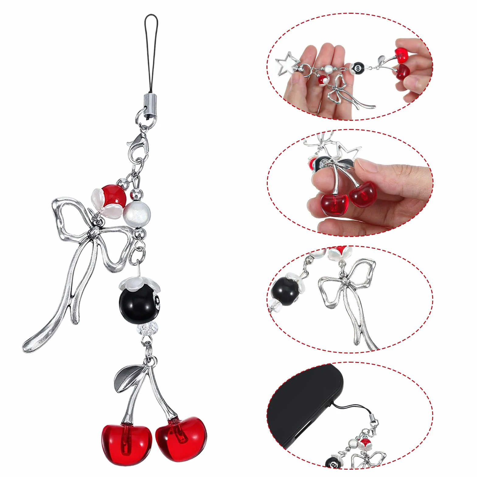 Lot de 2 breloques en forme de cerise pour téléphone portable, jolies breloques kawaii en métal rouge pour téléphone portable, accessoires esthétiques, chaîne Y2K pour décoration de sac et