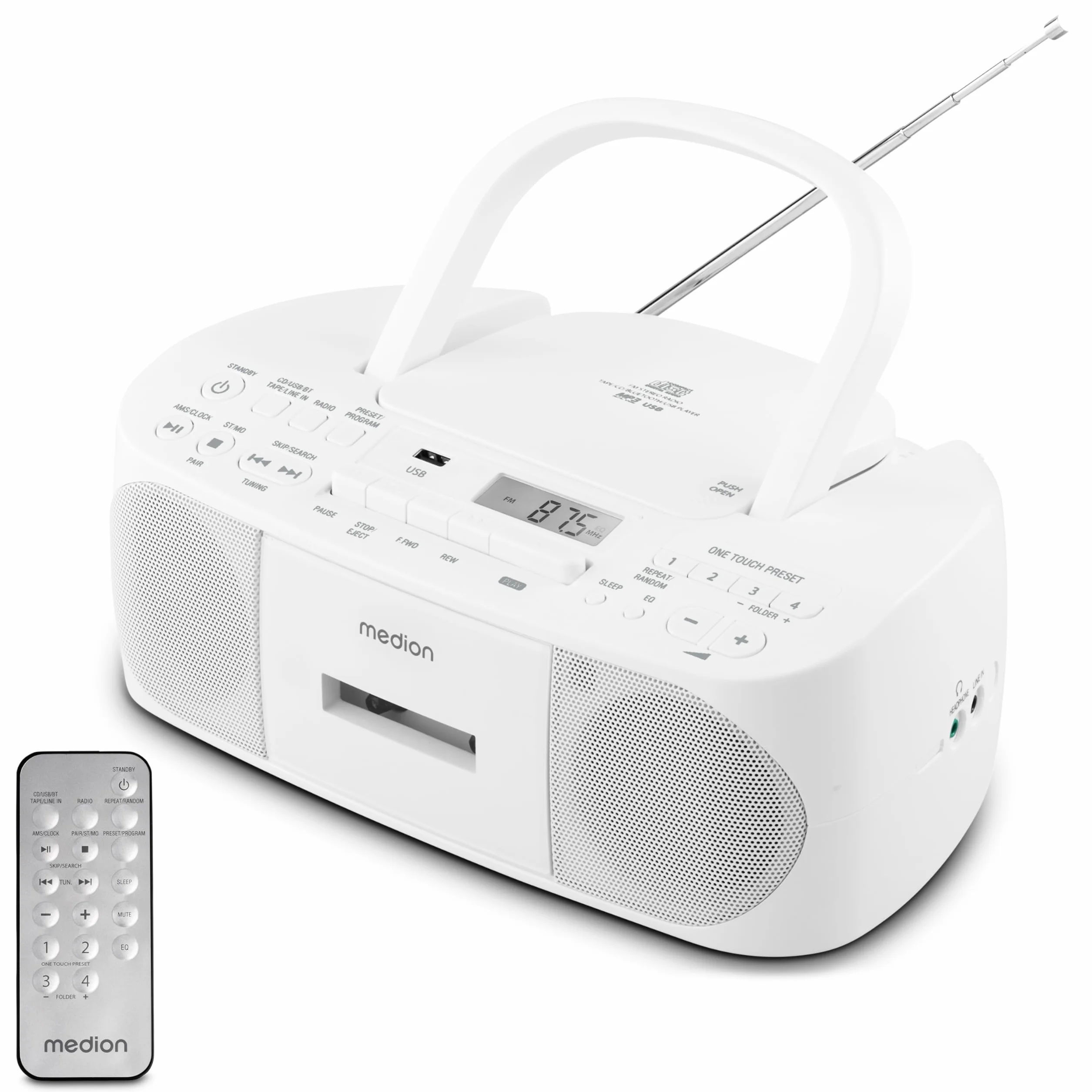MEDION Radio Stéréo E65010 Lecteur CD Cassette USB AUX MP3 FM PLL 40 Stations Batterie Télécommande Blanc