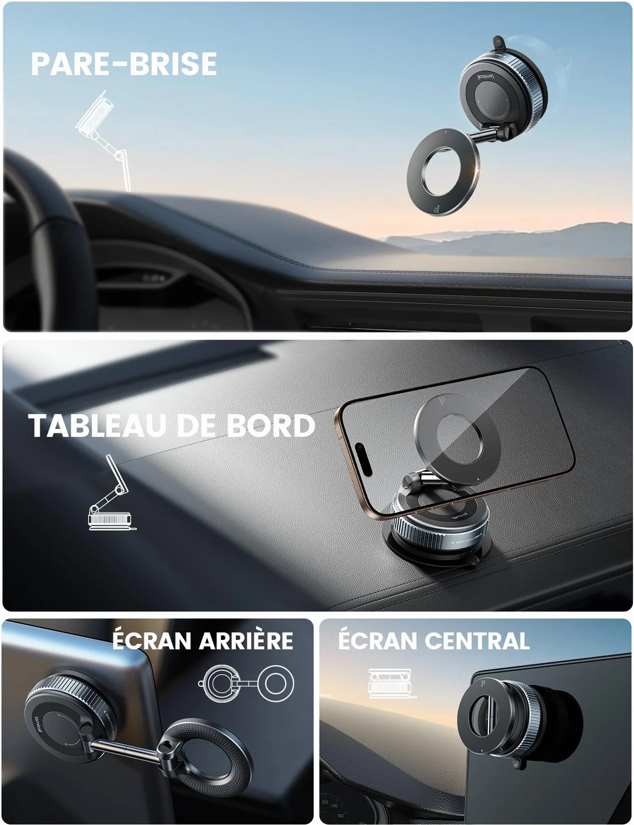 Lamicall Support Telephone Voiture pour MagSafe - [Ventouse à Vide & 24X N55] 360° Rotation, Porte Voiture pour Tableau de Bord/Pare-Brise, Support Magnétique pour iPhone 17 16 15, Autres Smartphones