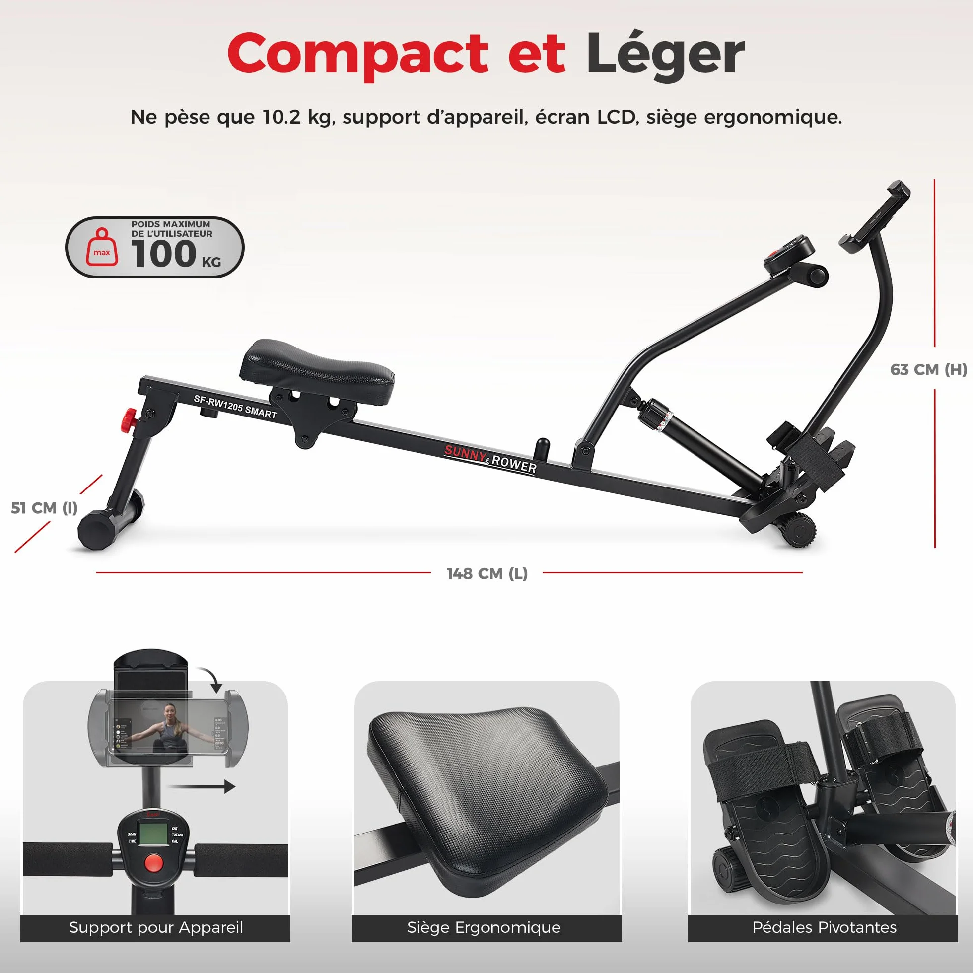 Sunny Health & Fitness Rameur de Fitness Compact 12 Niveaux de Résistance Réglable avec Connexion SunnyFit APP