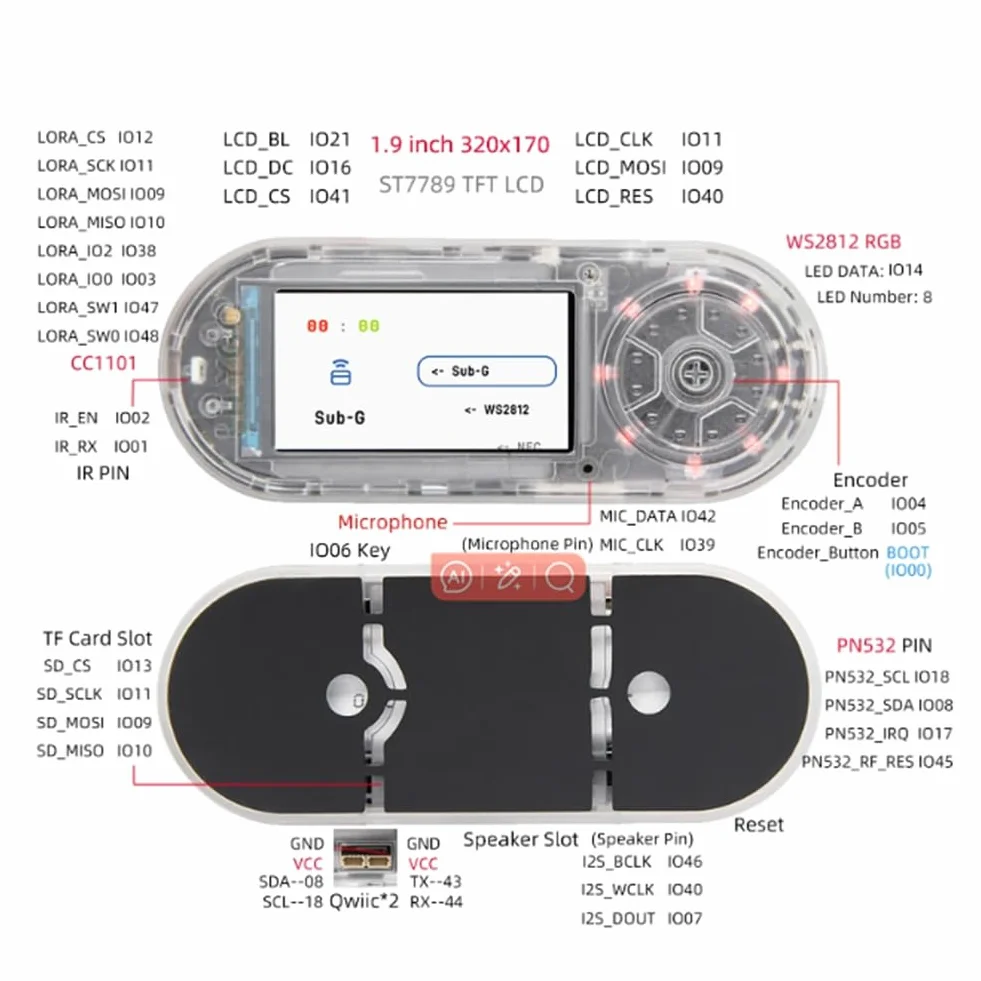 Osmond T-Embed ESP32-S3 CC1101 Sub-1 GHz Émetteur-Récepteur PN532 NFC RFID Module LCD Batterie 1300 mAh