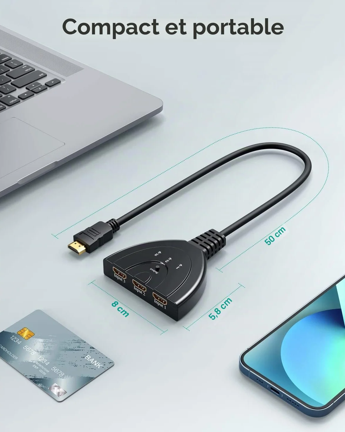 GANA HDMI Switch 3 en 1, 3 Ports Commutateur HDMI Sélecteur Splitter Manuel, Full HD 4K 3D