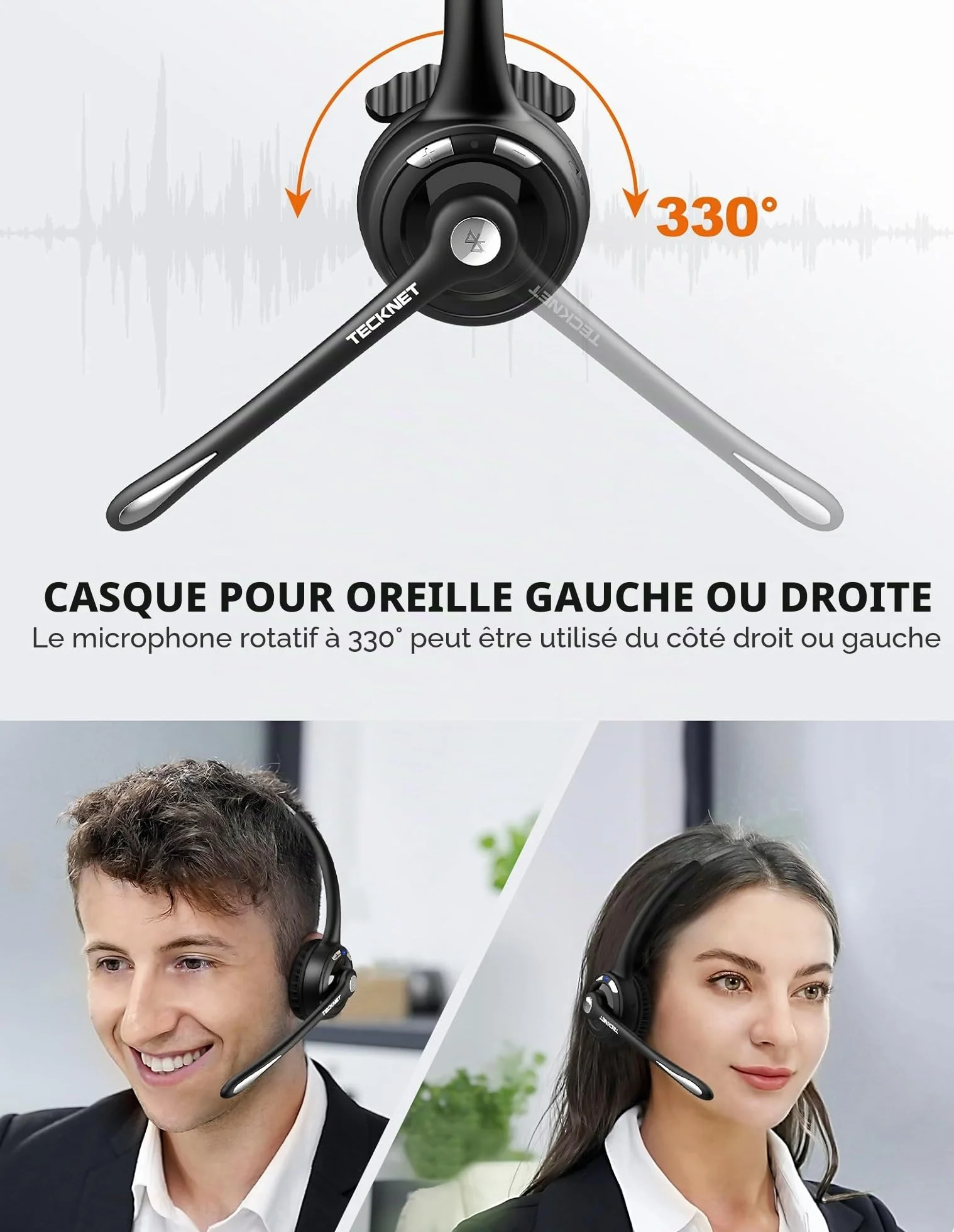TECKNET Casque Bluetooth sans Fil avec Microphone Antibruit Mains Libres