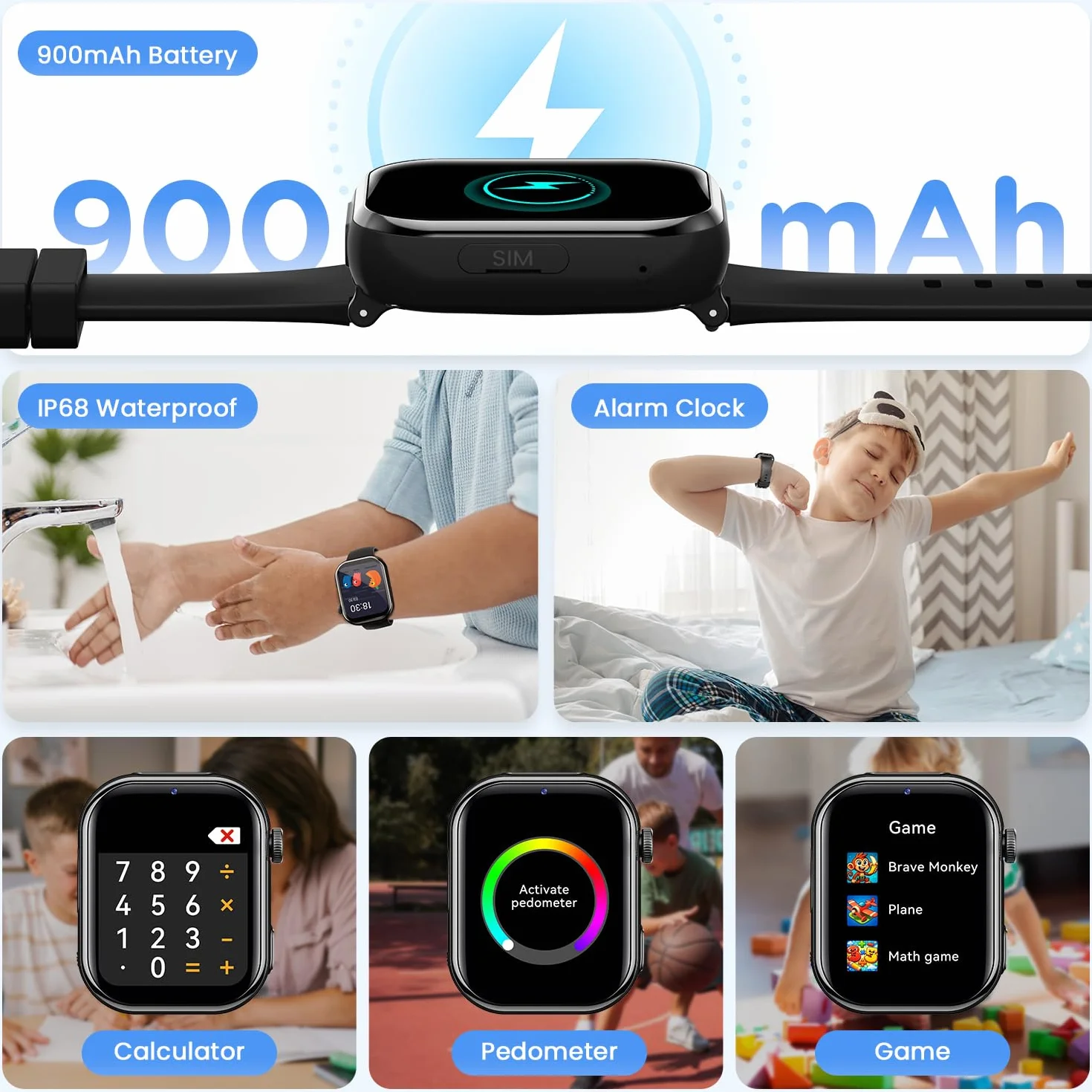 4G Montre Connectée Enfant, Montre Telephone Enfant avec GPS, Double Caméra, Appel Vidéo, Chat Vocal, SOS, Mode Classe, Lampe Torche, IP68, Podomètre, Cadeau pour Garçons Filles, Noir, Garantie 3 Ans