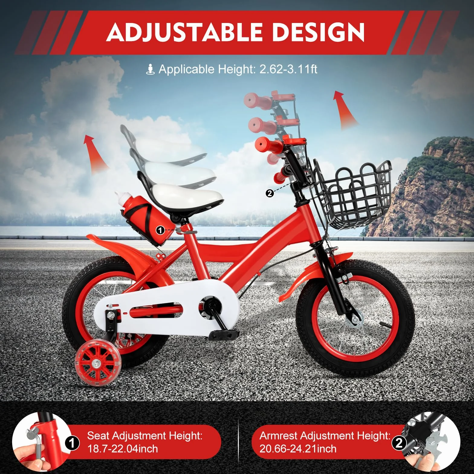 Vélo Enfant 12 Pouces Cadre Acier Carbone Double Frein Roues Stabilisatrices Panier Draisienne 3-9 Ans
