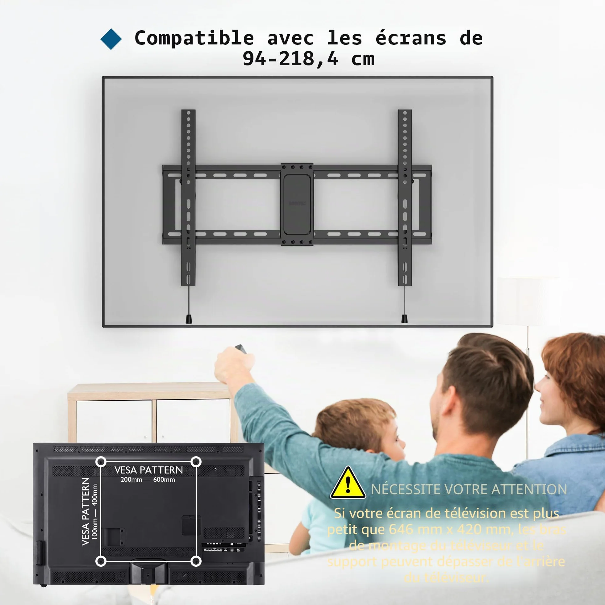 BONTEC Support Mural TV Inclinable pour Téléviseurs LCD, LED, Plasma de 37 à 86 Pouces, VESA 600x400mm, Charge 75 kg, Support TV Mural Fixe avec Niveau à Bulle, Compatible Samsung, TCL