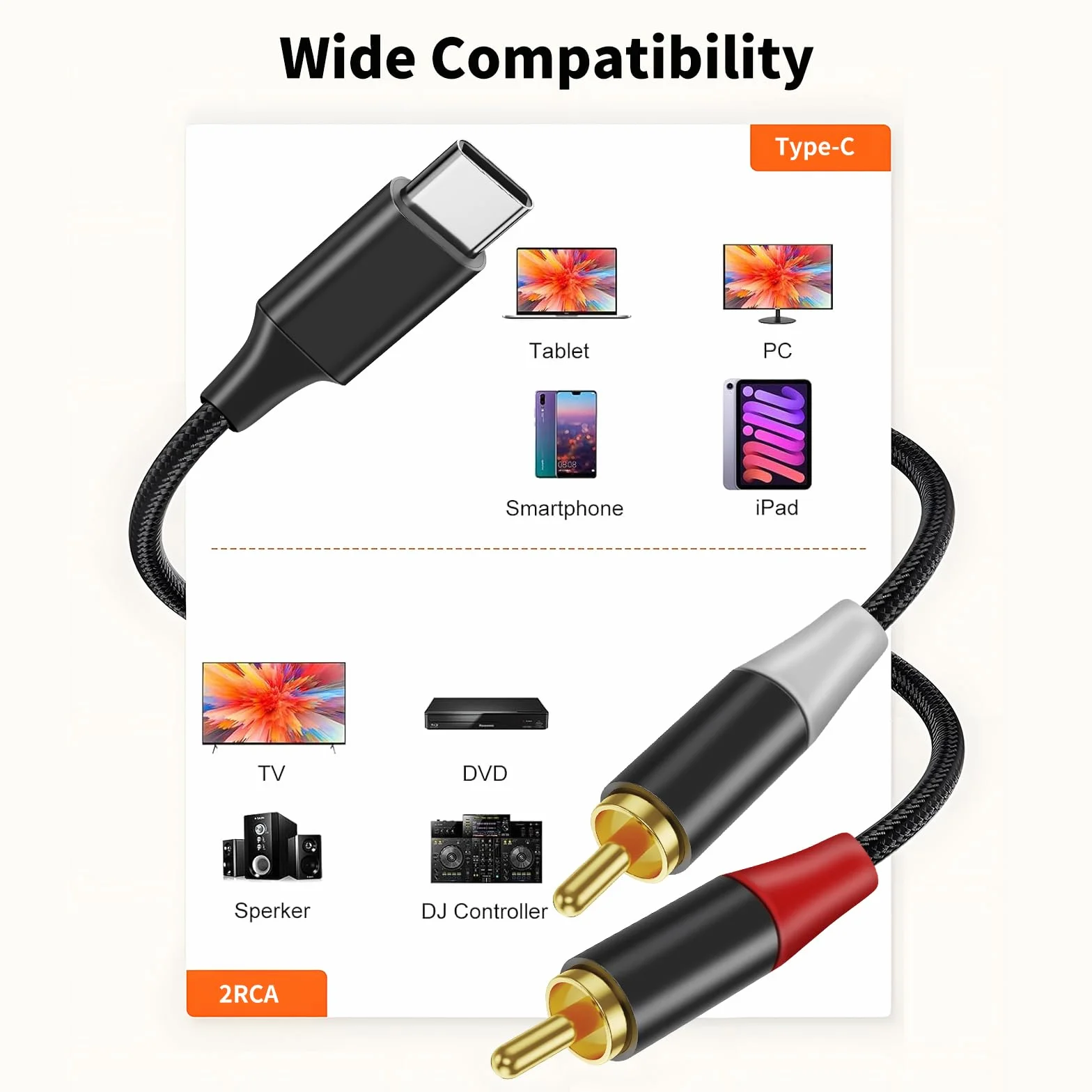 Câble 2 RCA USB C Audio Stéréo Adaptateur Type C Mâle vers 2RCA Mâle Y Auxiliaire Audio Câble Numérique Compatible avec Phone 15/Pad/Amplificateur/Home Cinéma/Enceinte/HDTV etc.